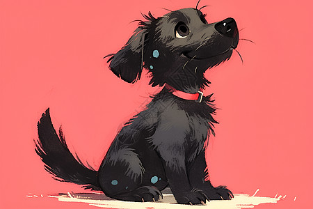 黑色动物黑色小狗在粉色背景下插画