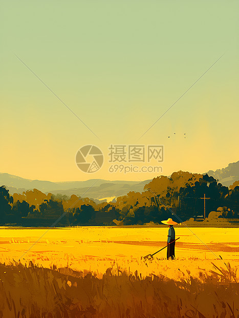 金黄稻田里的农民图片