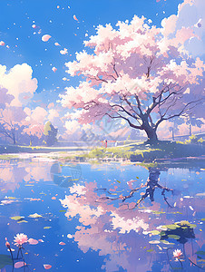 樱花盛开倒影清澈的池塘图片