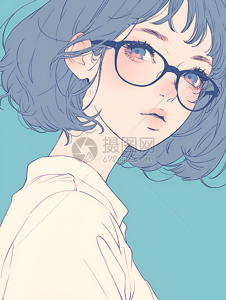 蓝框眼镜短发女孩图片