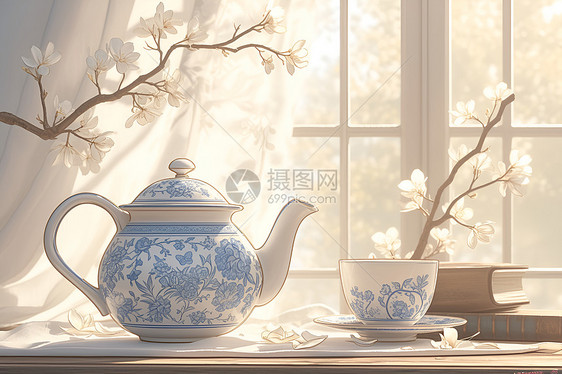 窗户边的蓝白瓷茶具图片