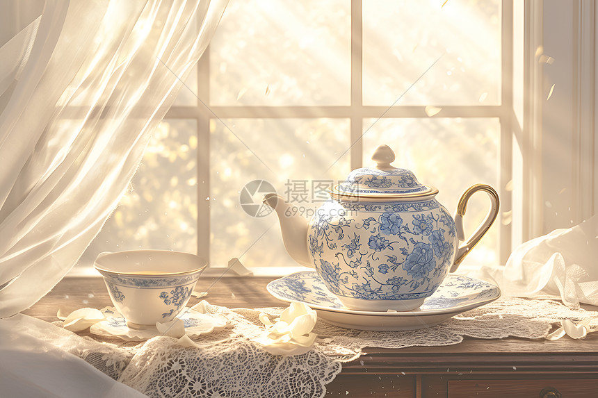 窗户边的青花瓷茶具图片