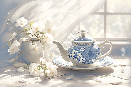 窗户边的青瓷茶具背景图片