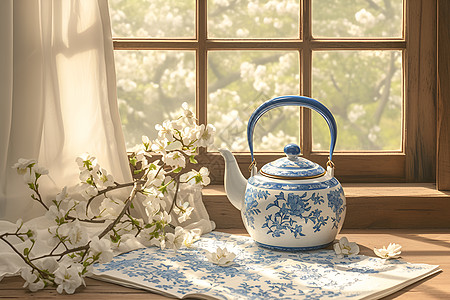 窗边的青瓷茶具图片
