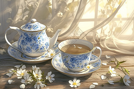 窗边精致的青花瓷茶壶图片