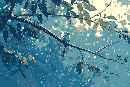 雨中树枝上的小鸟图片