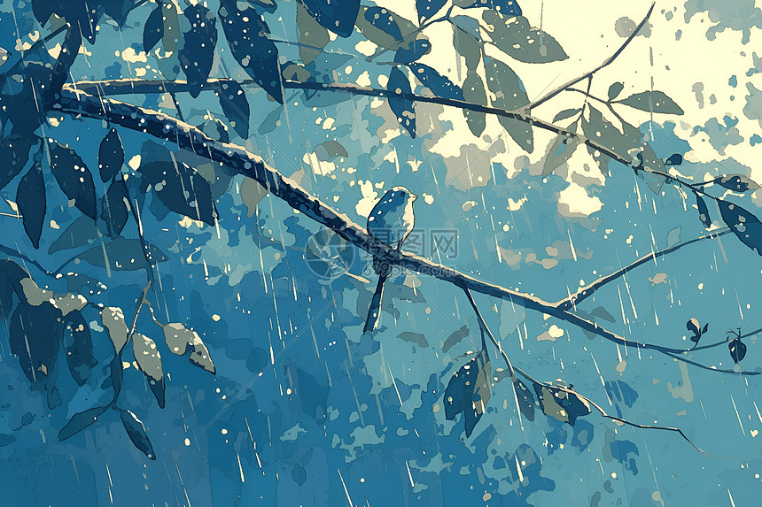 雨中树枝上的小鸟图片