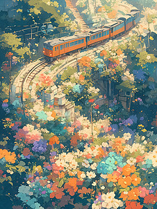 列车穿越在花卉背景中图片