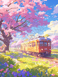 绚丽列车穿越春天背景图片