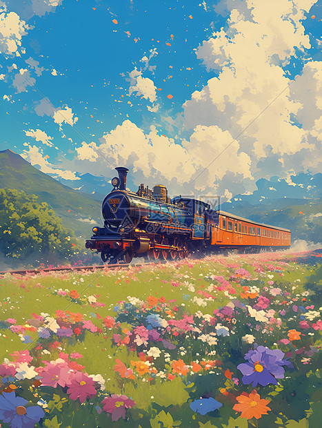 列车穿越绚丽花田的幻境图片
