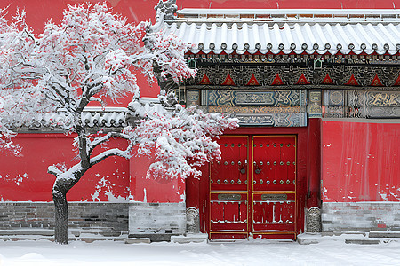 大门前的梅花背景图片