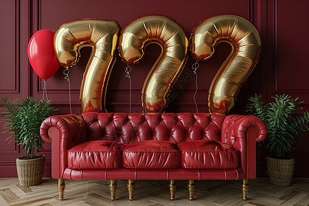 金色气球在红色沙发后背景图片