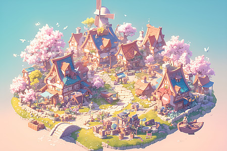 粉色小屋下的樱花村庄图片