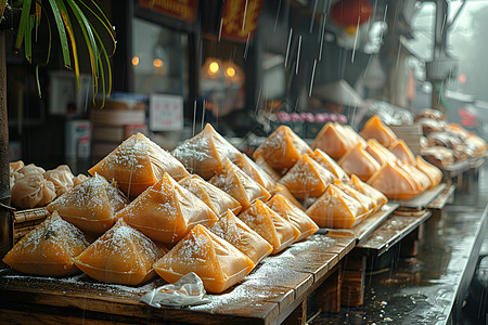 糯米粽摆满传统市场摊位图片