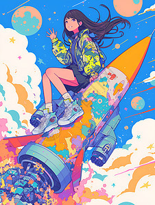 火箭上的快乐女孩背景图片