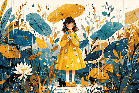 雨中的少女插图图片