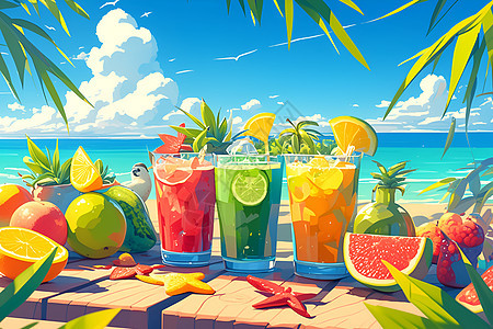 海岸边的果汁插画图片