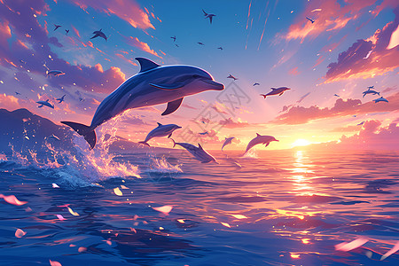 日落时海洋中的海豚图片