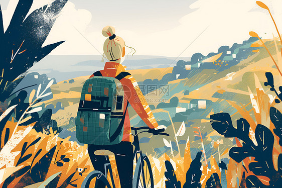 田间骑行的骑行者插画图片