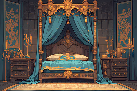 城堡里的木架床高清图片