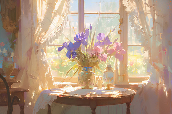 窗前桌子上的花朵图片