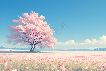 桃花树下的宁静风景图片