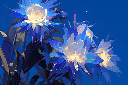 蓝光中盛放的花朵图片