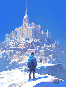 冰雪覆盖的山顶城堡图片