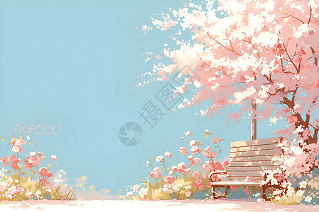 樱花树下的长椅背景图片