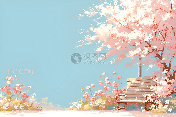 樱花树下的长椅图片