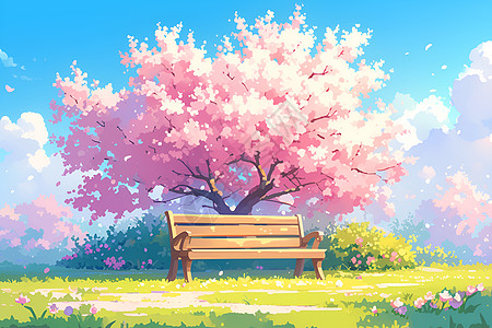 桃花树下的长椅图片