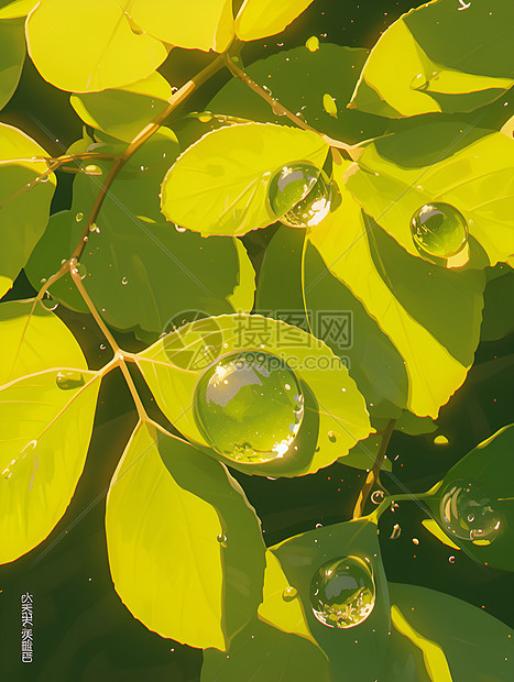 水滴在叶子上闪耀图片