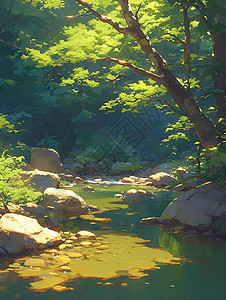 阳光晒在林间小溪中图片