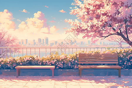 桃花树下的宁静景色图片
