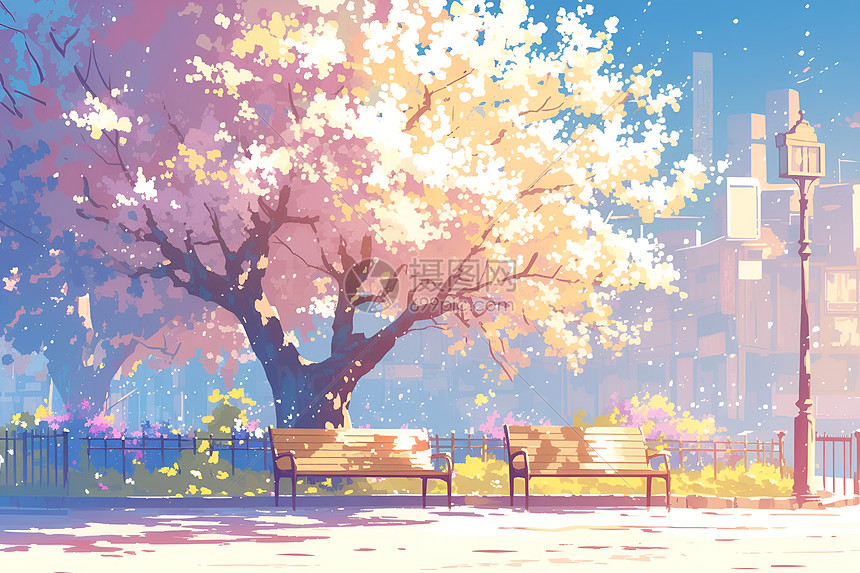 樱花树下的长椅图片