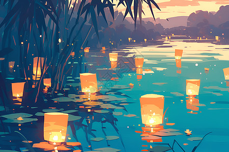 河畔上漂浮的灯笼图片