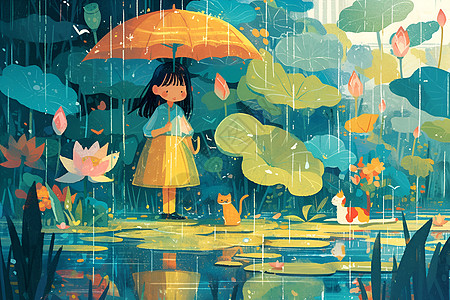 雨伞主图梦幻荷花池边的女孩插画