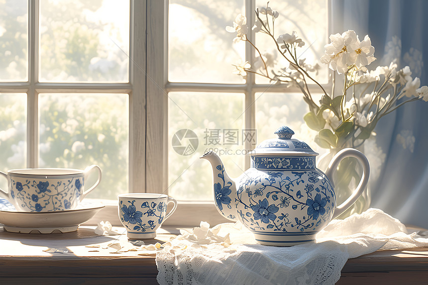 丝绸上的茶壶图片