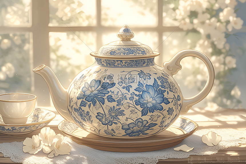 阳光映衬下的茶壶图片