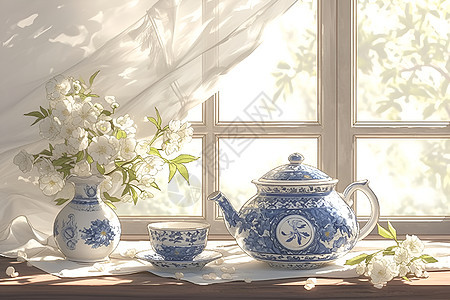 木质窗台上的青花茶具图片