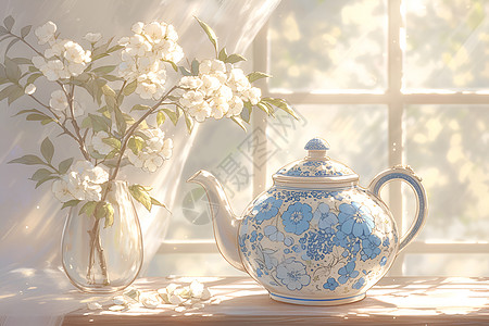 窗台上的青花茶壶图片