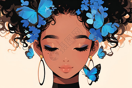 黑发女孩戴着蝴蝶图片
