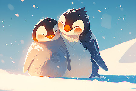 雪地企鹅雪中两只企鹅插画