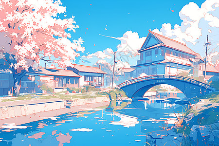 济州岛樱花河边的樱花步道插画