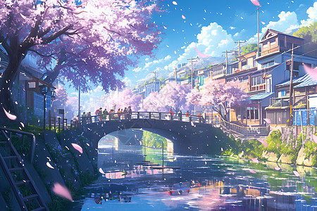 樱花树下的桥梁背景图片