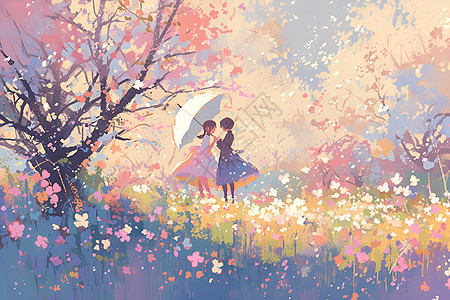 野花丛里撑伞的女孩背景图片