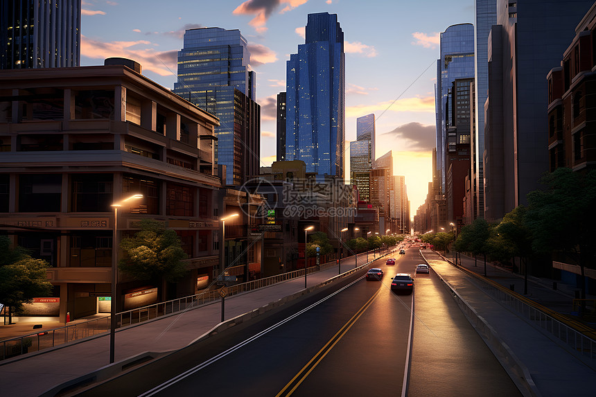 夕阳下的城市街道图片