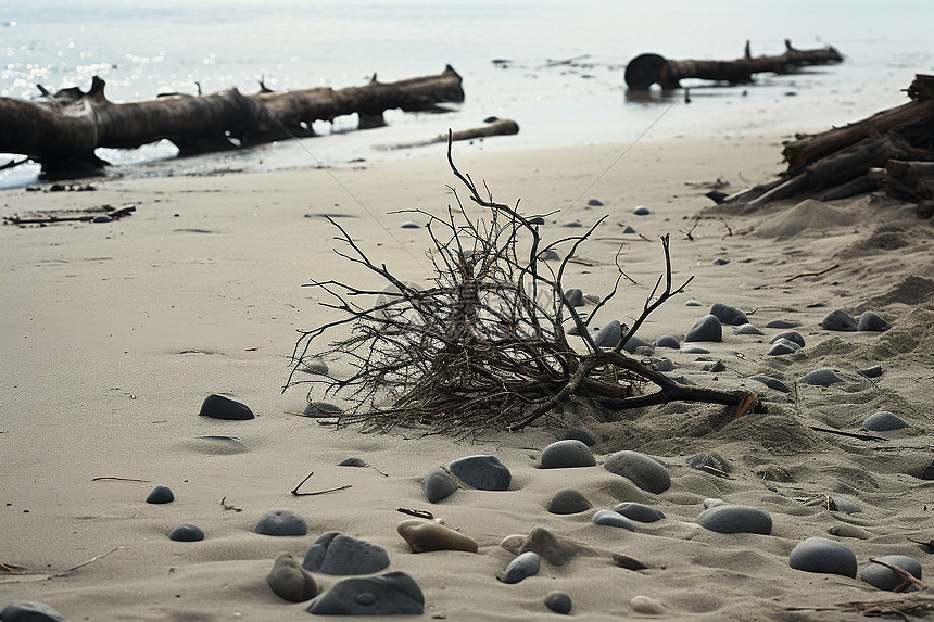 沙滩上的枯树图片