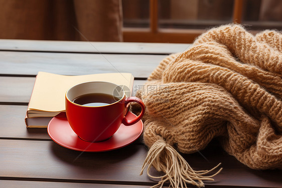 桌子上的围巾和咖啡杯图片