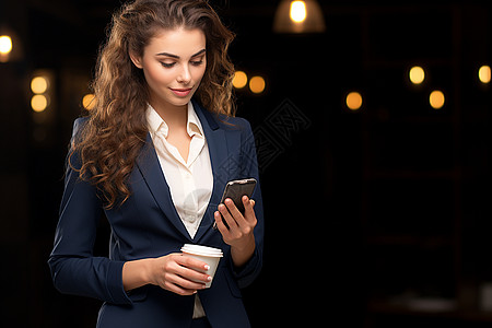 商务策划拿着手机和咖啡的商务女性背景